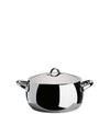 Polished stainless steel saucepan by Alessi with a domed lid and two small loop handles.