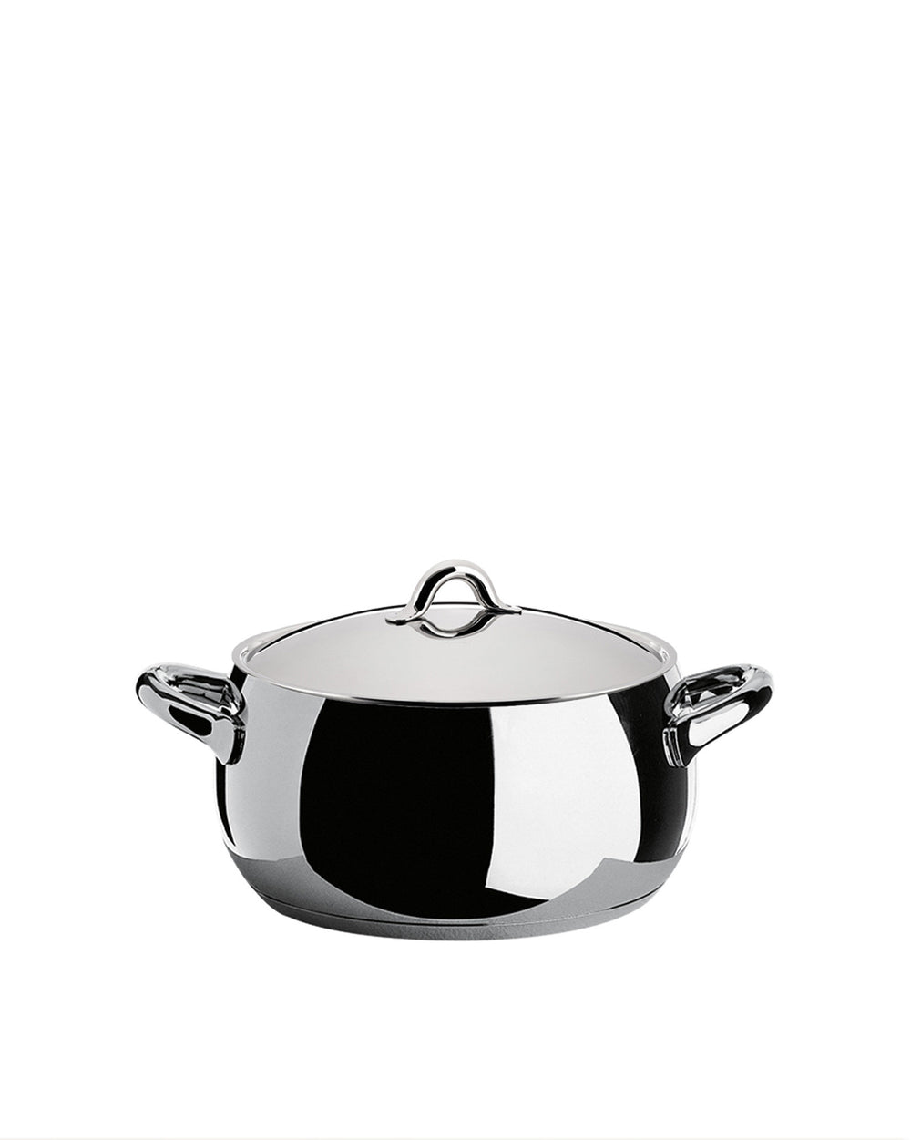 Polished stainless steel saucepan by Alessi with a domed lid and two small loop handles.