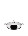 Stainless steel saucepan by Alessi with a matching lid and two side handles on a white background.
