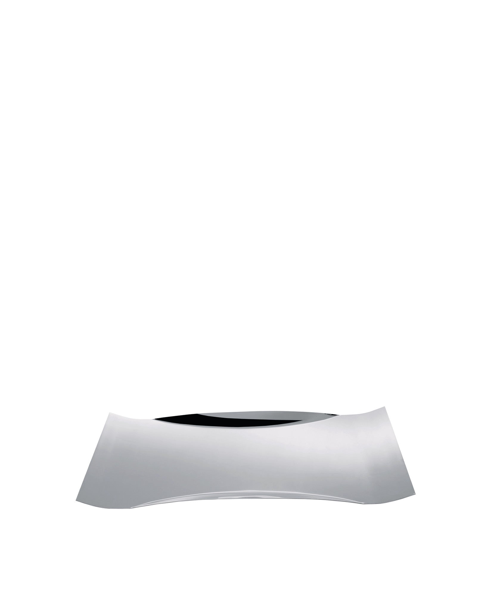 Silver metallic tray by Alessi with a sleek, curved design and black interior.