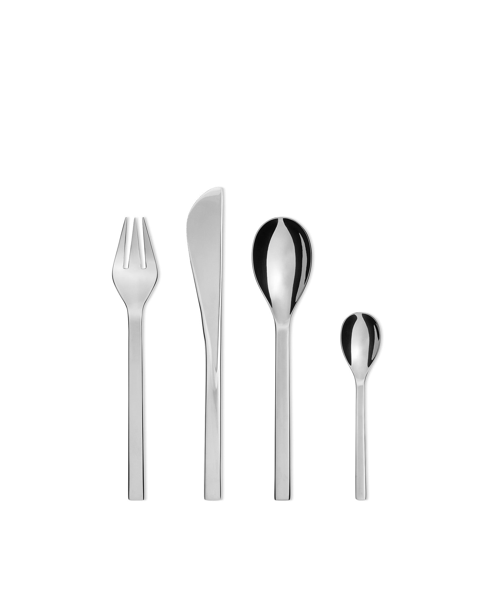 Silver stainless steel flatware set by Alessi with modern design, including a fork, knife, and two reflective spoons.
