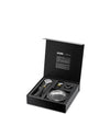 Black wine accessories set by Alessi in an open box, displaying silver tools with yellow accents.