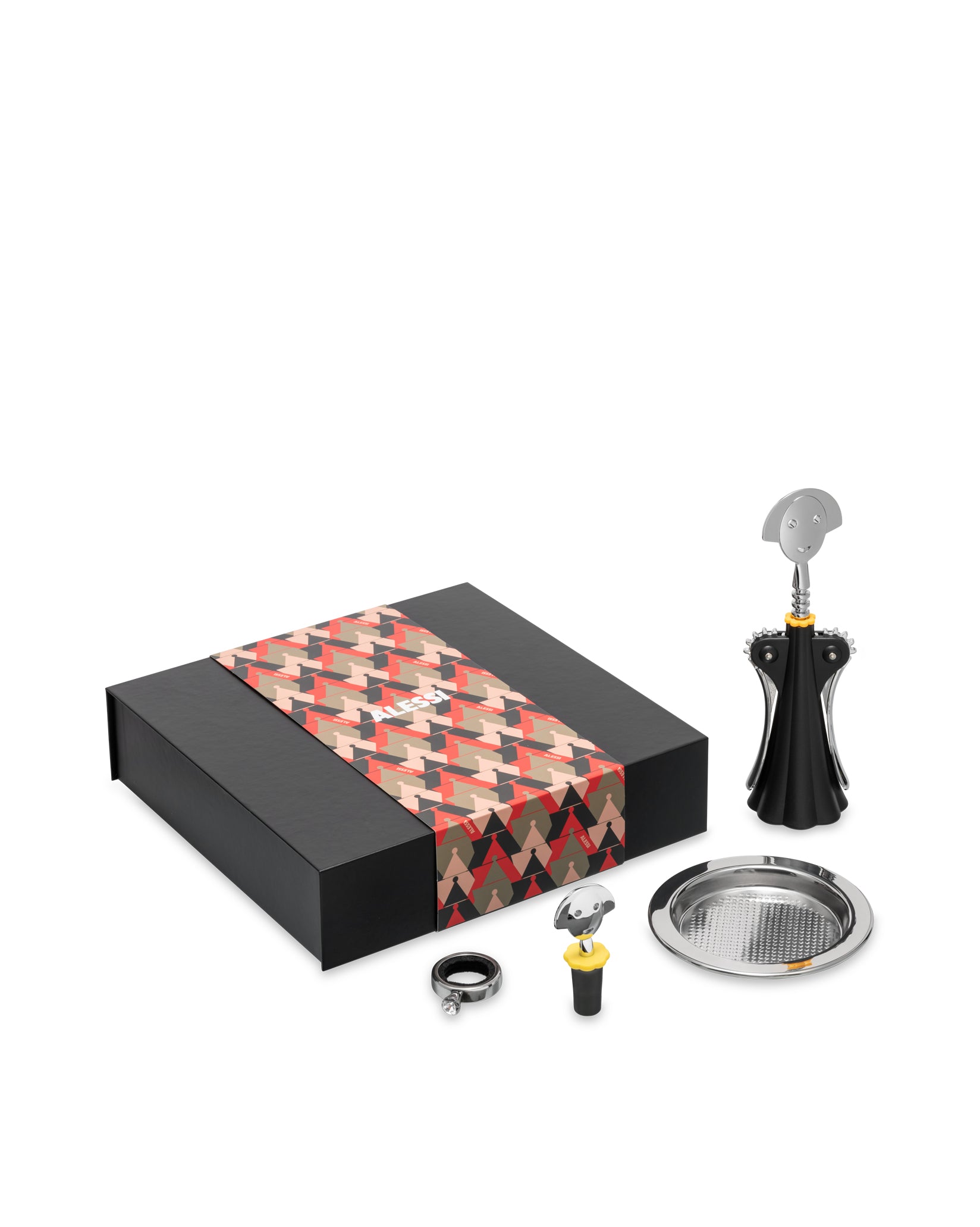 Black wine accessories gift set by Alessi, with a geometric patterned band, including a corkscrew, stopper, drip ring, and tray.