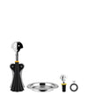 Black and silver-toned wine accessories set by Alessi, featuring a corkscrew, bottle stopper with face designs, and a drip ring.
