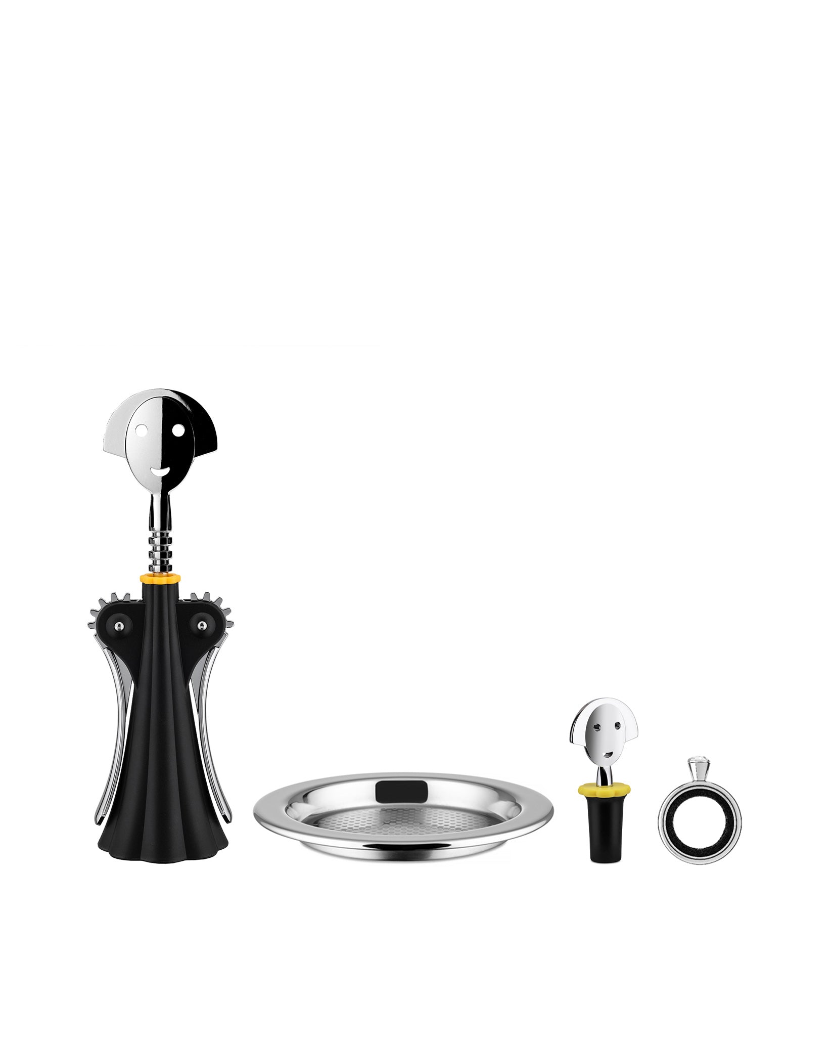 Black and silver-toned wine accessories set by Alessi, featuring a corkscrew, bottle stopper with face designs, and a drip ring.