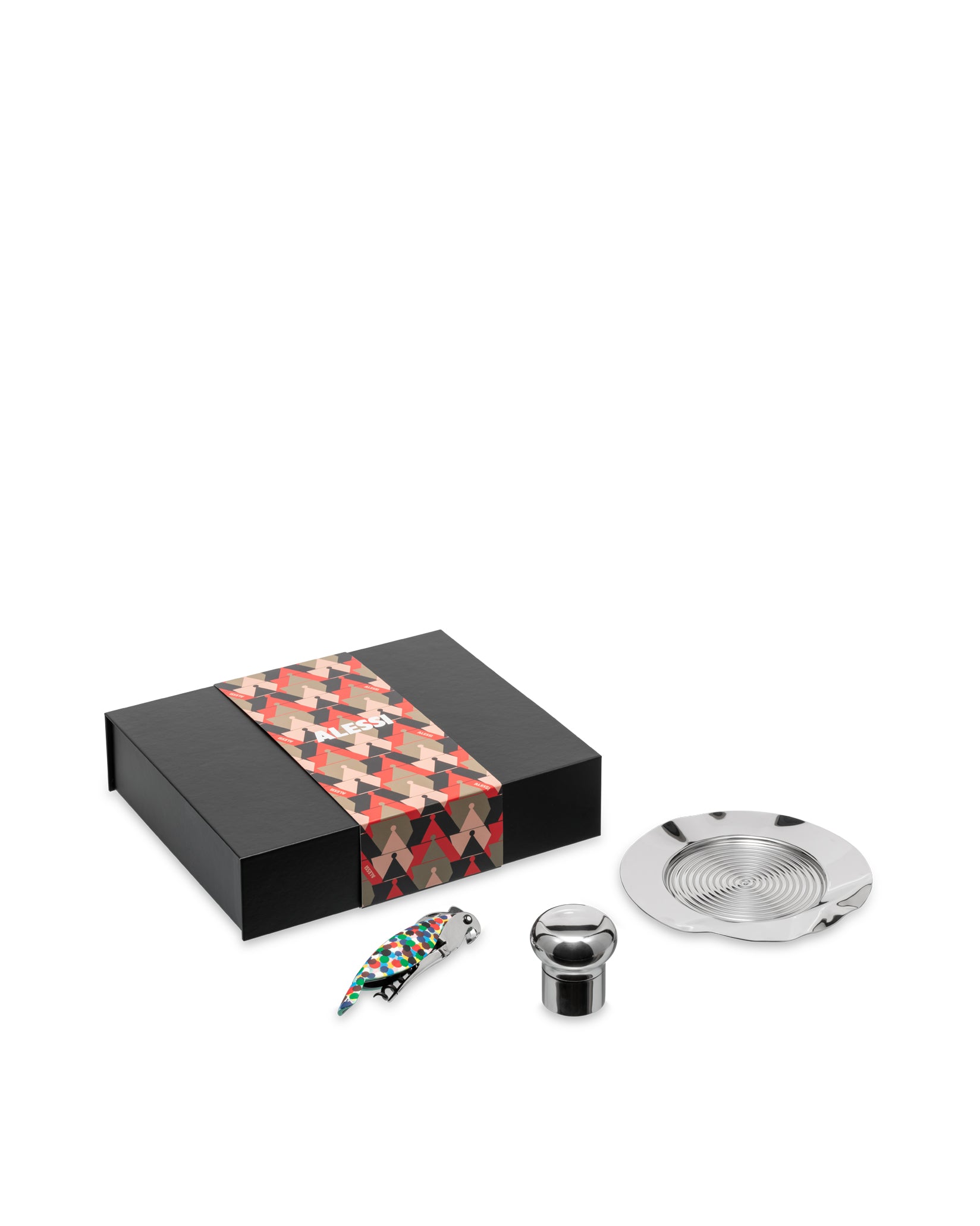 Colorful and metallic mixology set by Alessi, with a gift box, parrot corkscrew, bottle stopper, and drip ring.
