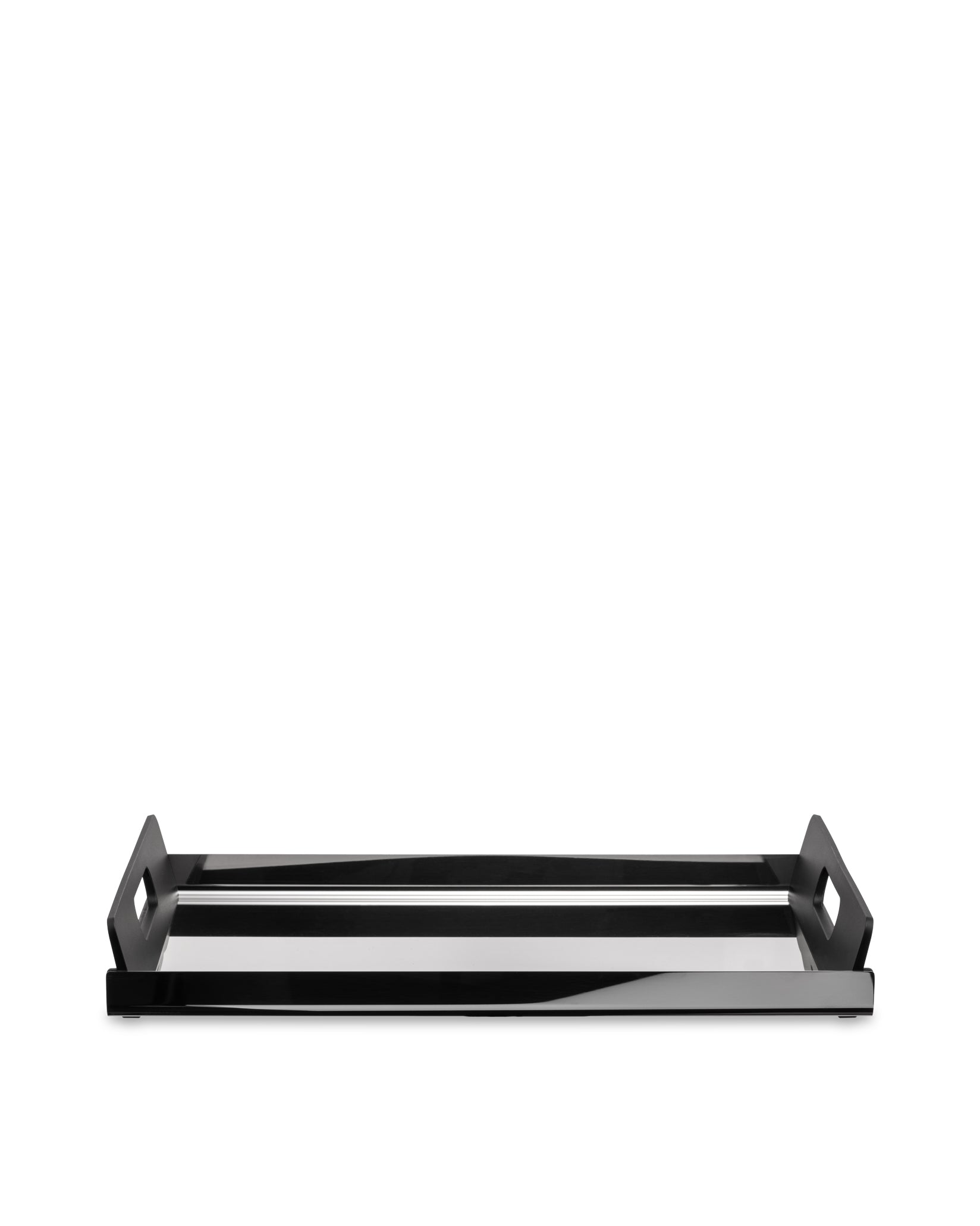 Black rectangular serving tray by Alessi, with a reflective surface showing horizontal stripes and integrated side handles.