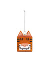 Orange square tiger face Christmas tree ornament by Alessi with black stripes and a silver hanging chain.