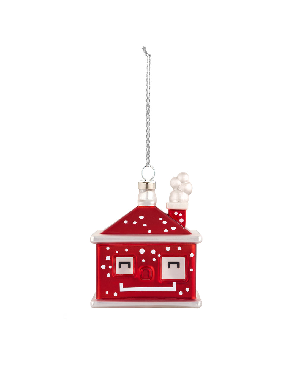 Glossy red Christmas tree ornament by Alessi, house-shaped with white polka dots and an animated face.