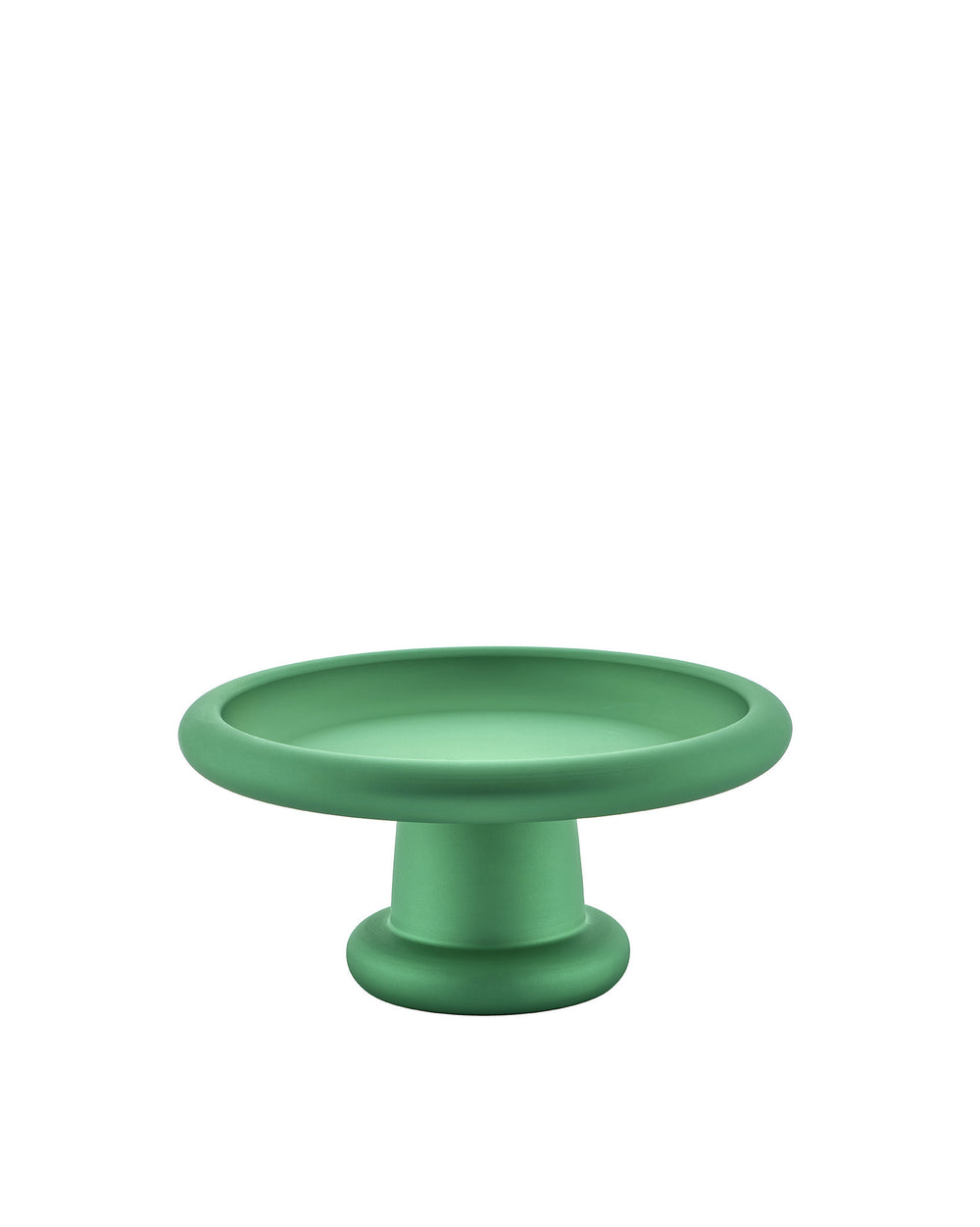 Matte green pedestal bowl by Alessi with a wide, rounded rim and smooth design.