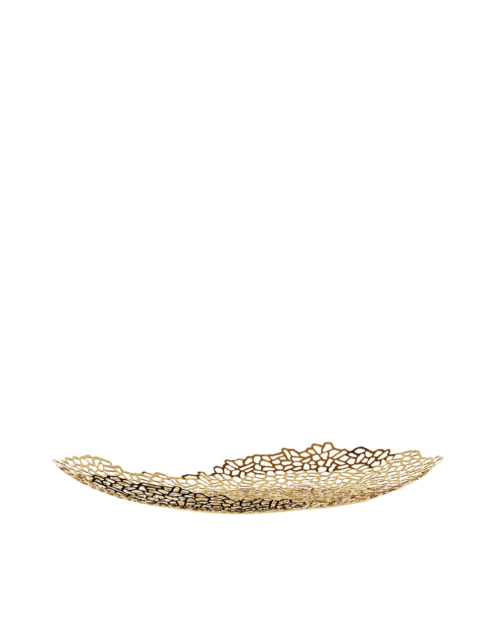 Gold metal decorative bowl by Alessi with an intricate, openwork coral pattern.