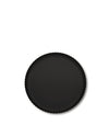A black, round tray by Alessi with a pleated edge, viewed from above.
