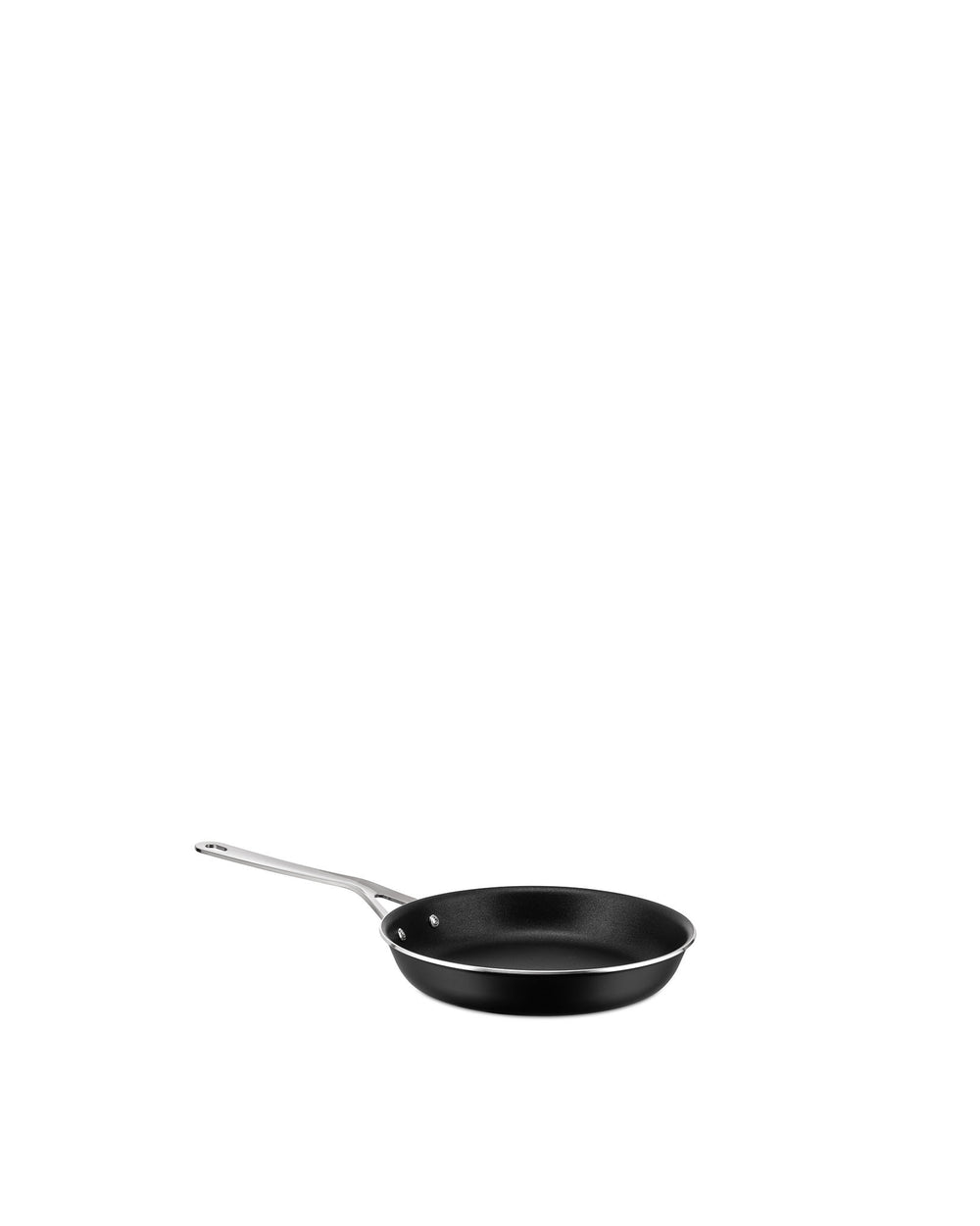 Black non-stick frying pan by Alessi with a silver handle, angled view.