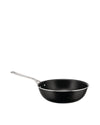 Black nonstick pan by Alessi with a long silver handle, viewed from the side.