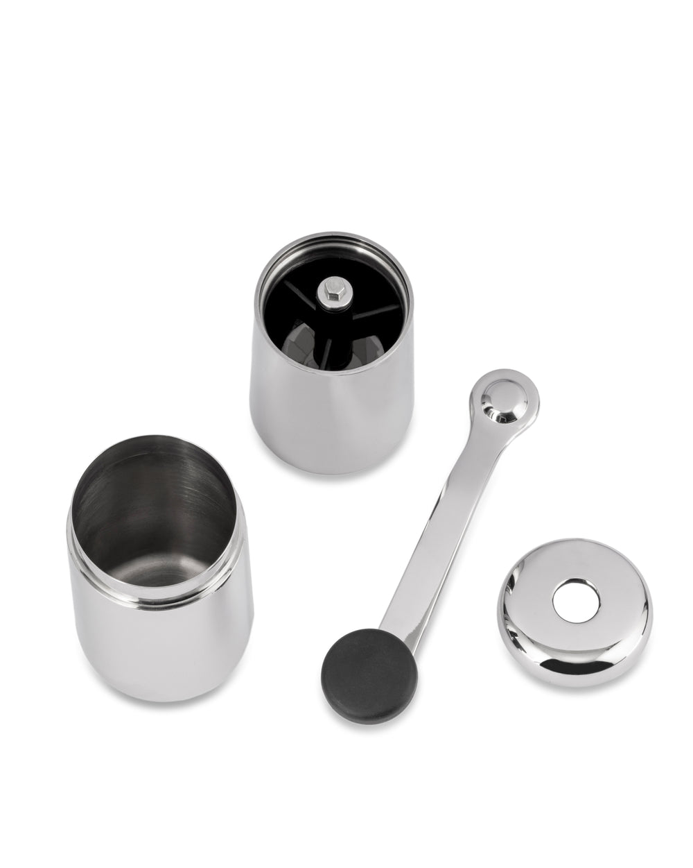 Stainless steel coffee grinder by Alessi, disassembled into four polished components on a white background.