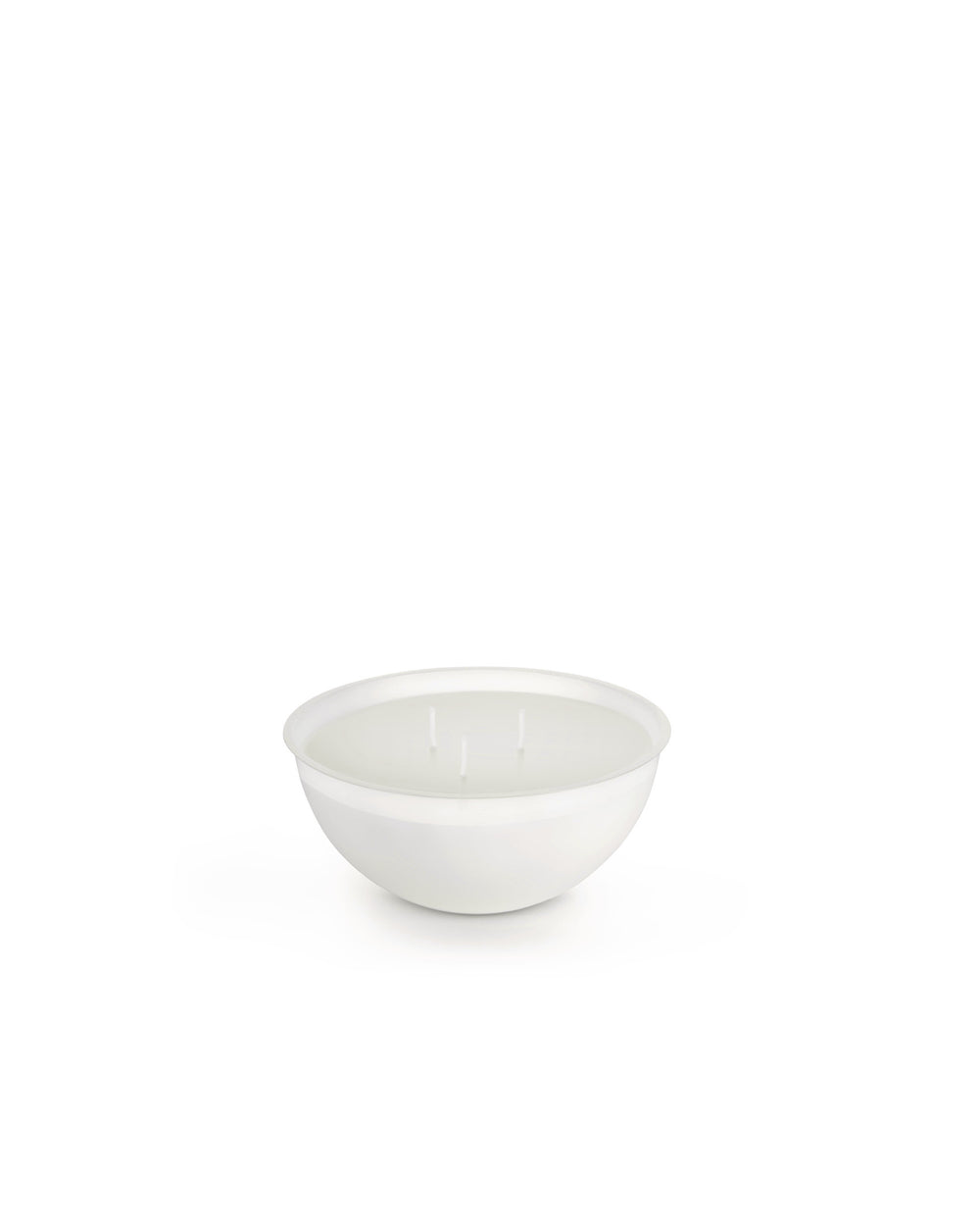 White three-wick candle by Alessi in a minimalist round bowl, presented at a slight angle.