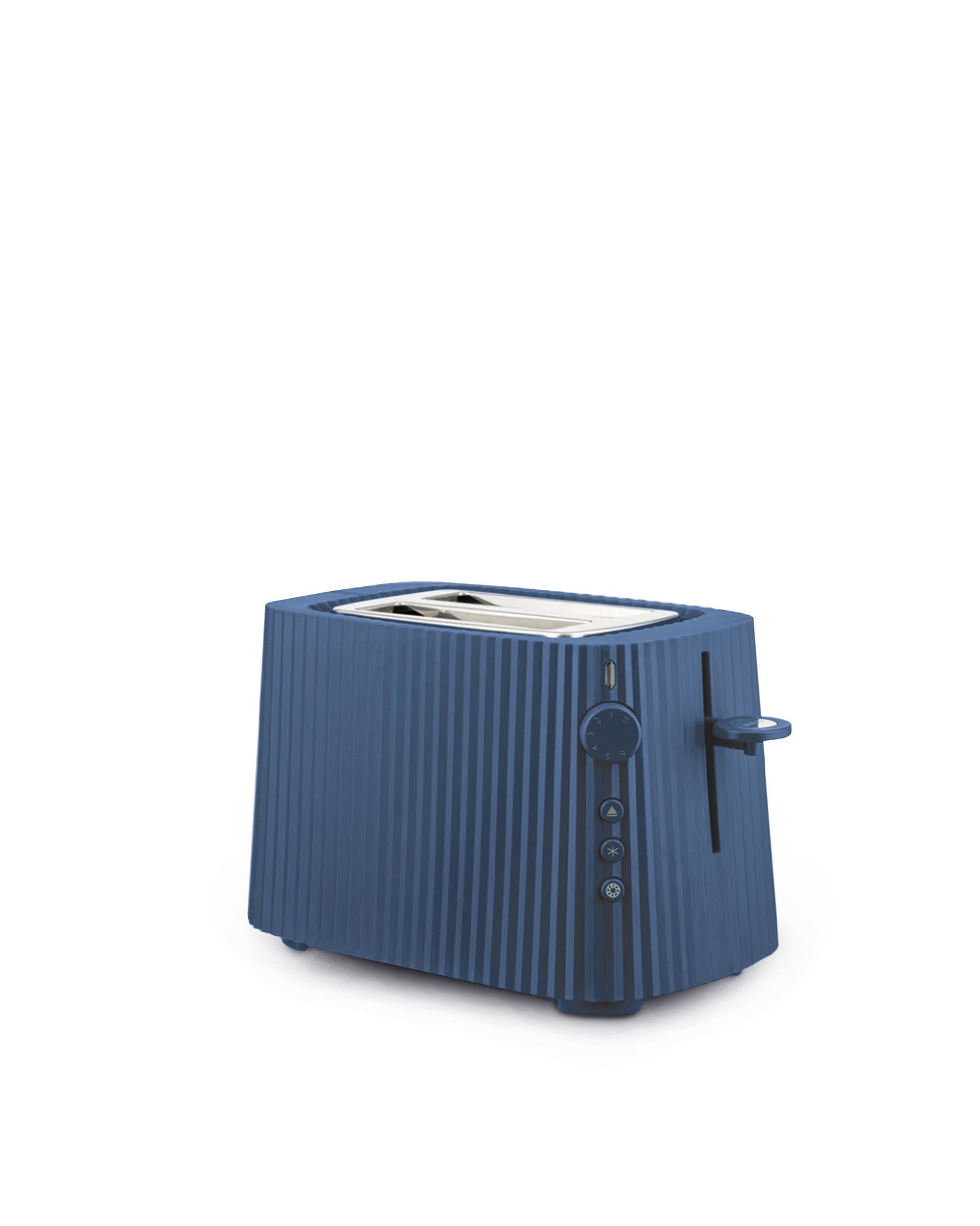 Blue ribbed toaster by Alessi with two slots, a browning dial, and three function buttons.