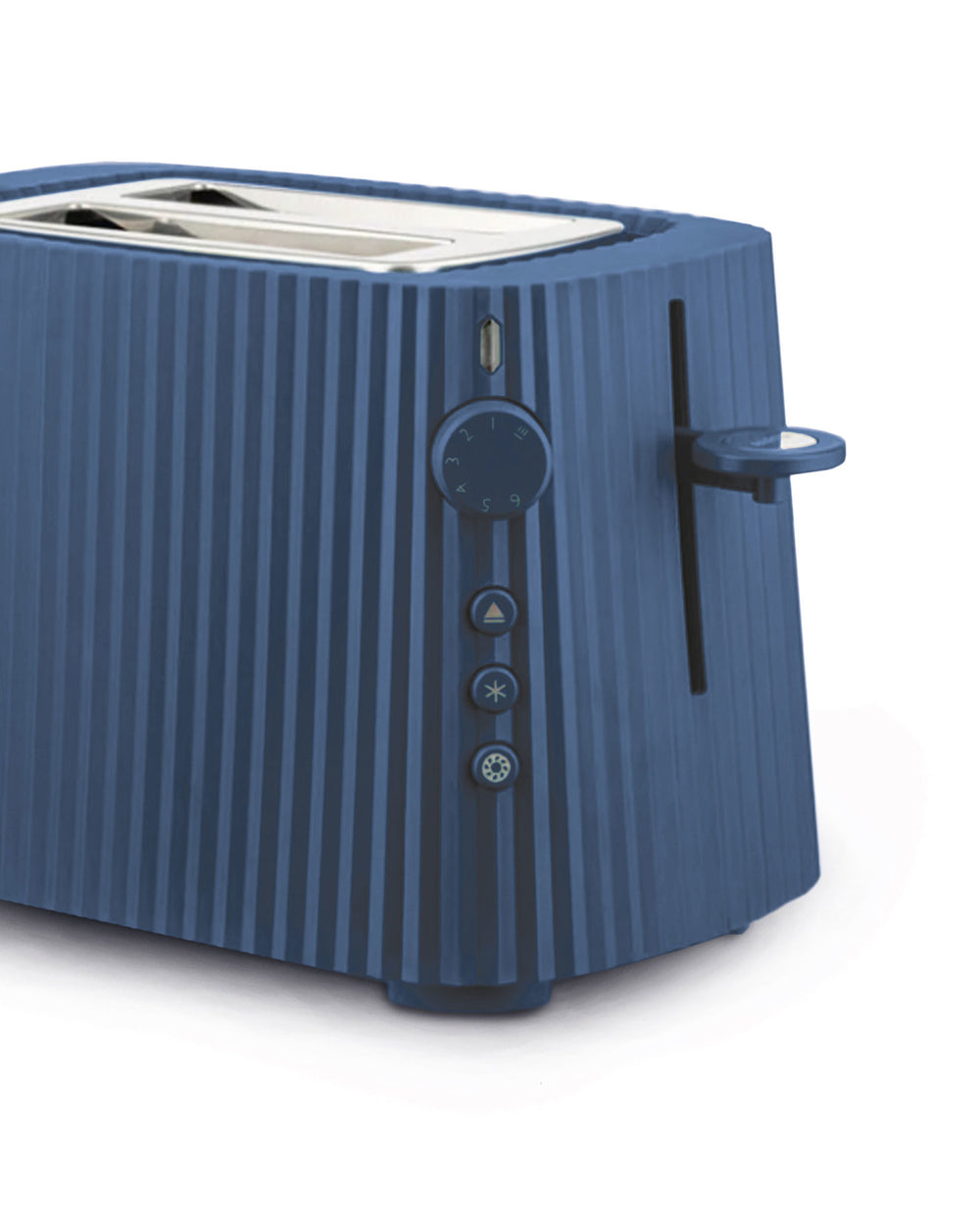 Blue ribbed toaster by Alessi, with vertical pleats and a side control panel.