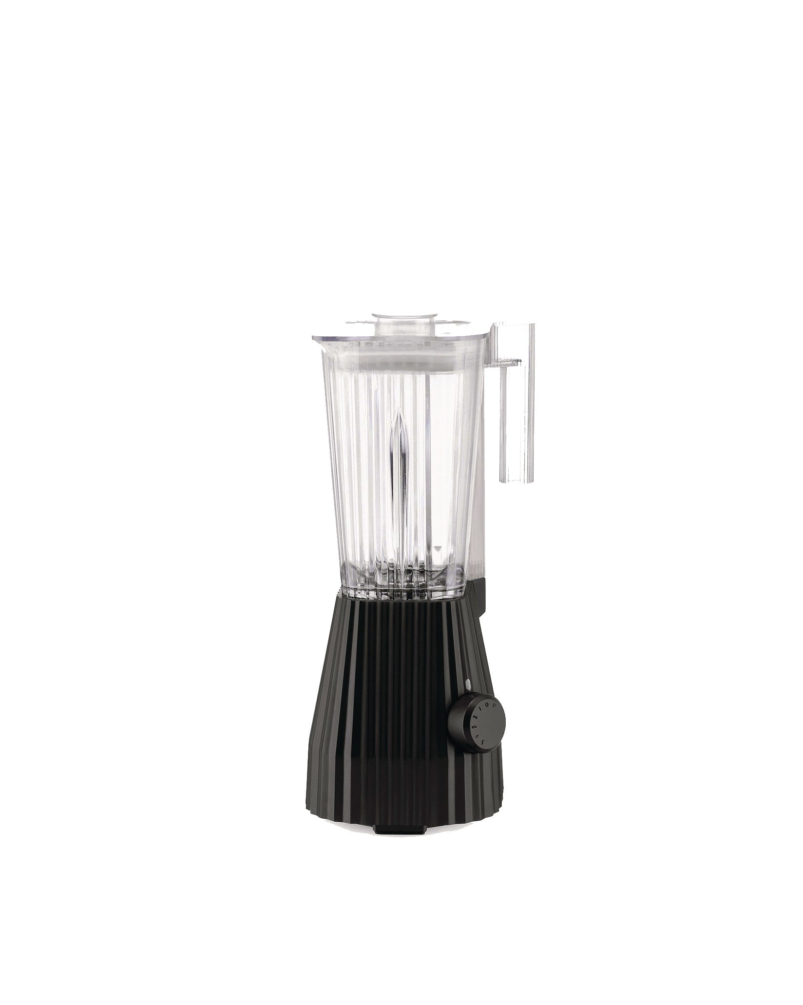 Black blender with a clear jug by Alessi, featuring a pleated base and a front control knob.