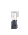 Dark grey pleated blender by Alessi with a clear ribbed jug, lid, and handle.
