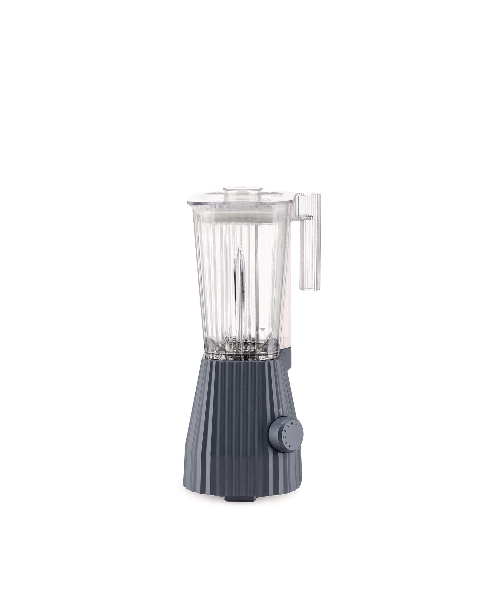 Dark grey pleated blender by Alessi with a clear ribbed jug, lid, and handle.