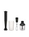 Black ribbed hand blender by Alessi with transparent measuring cup, whisk, and chopper attachments.
