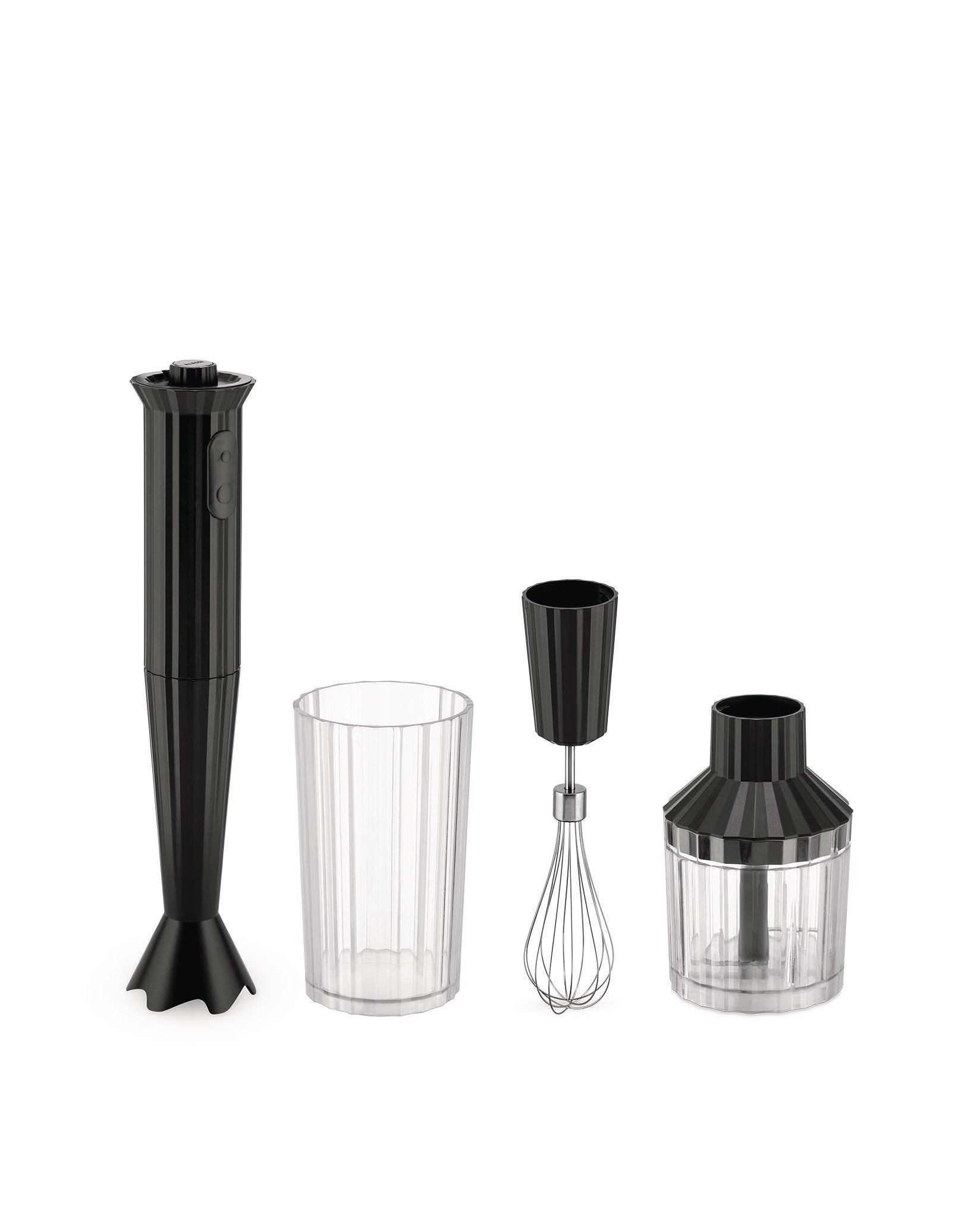 Black ribbed hand blender by Alessi with transparent measuring cup, whisk, and chopper attachments.