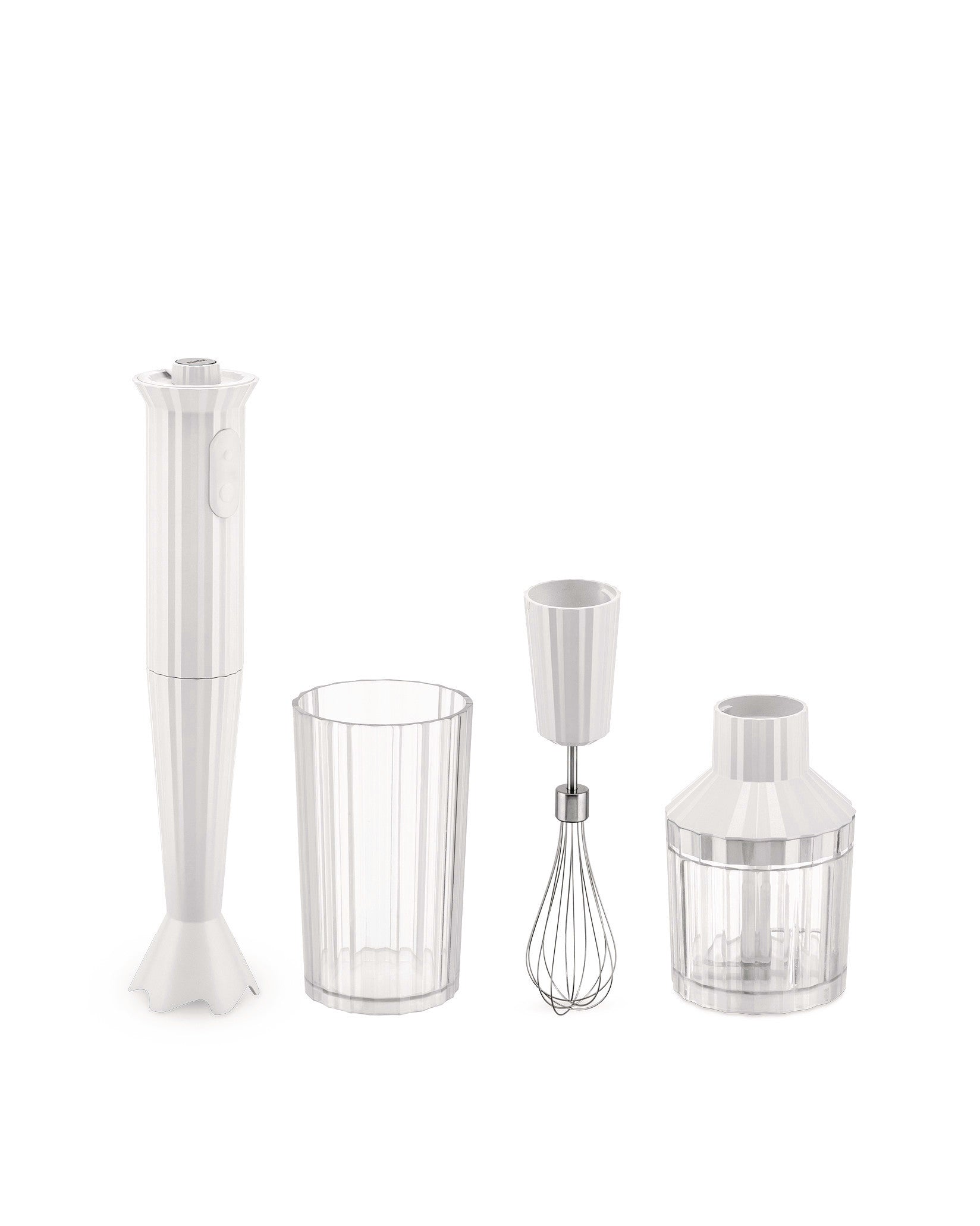 White hand blender by Alessi with a pleated design, displayed with clear measuring cup, whisk, and chopper attachments.