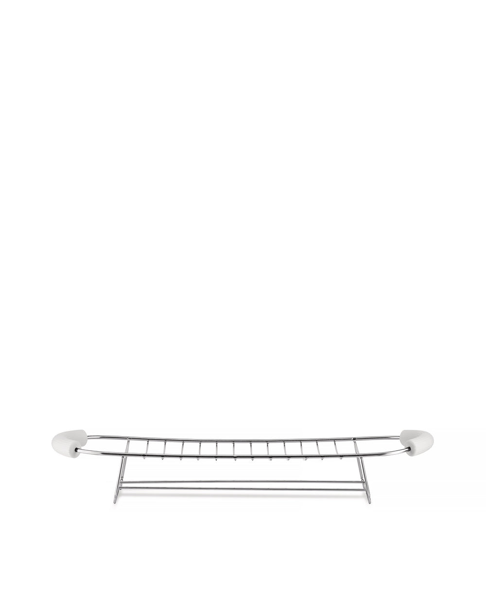 Plissé silver chrome toast rack by Alessi, with white end caps, angled front view.