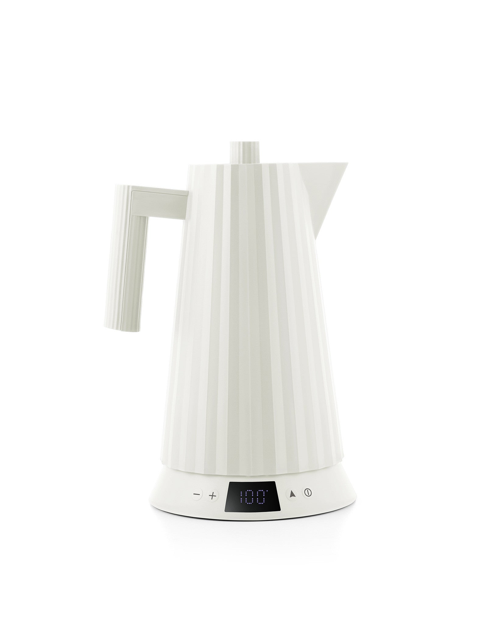 Off-white ribbed electric kettle by Alessi, with a digital display showing "100°" and control buttons.