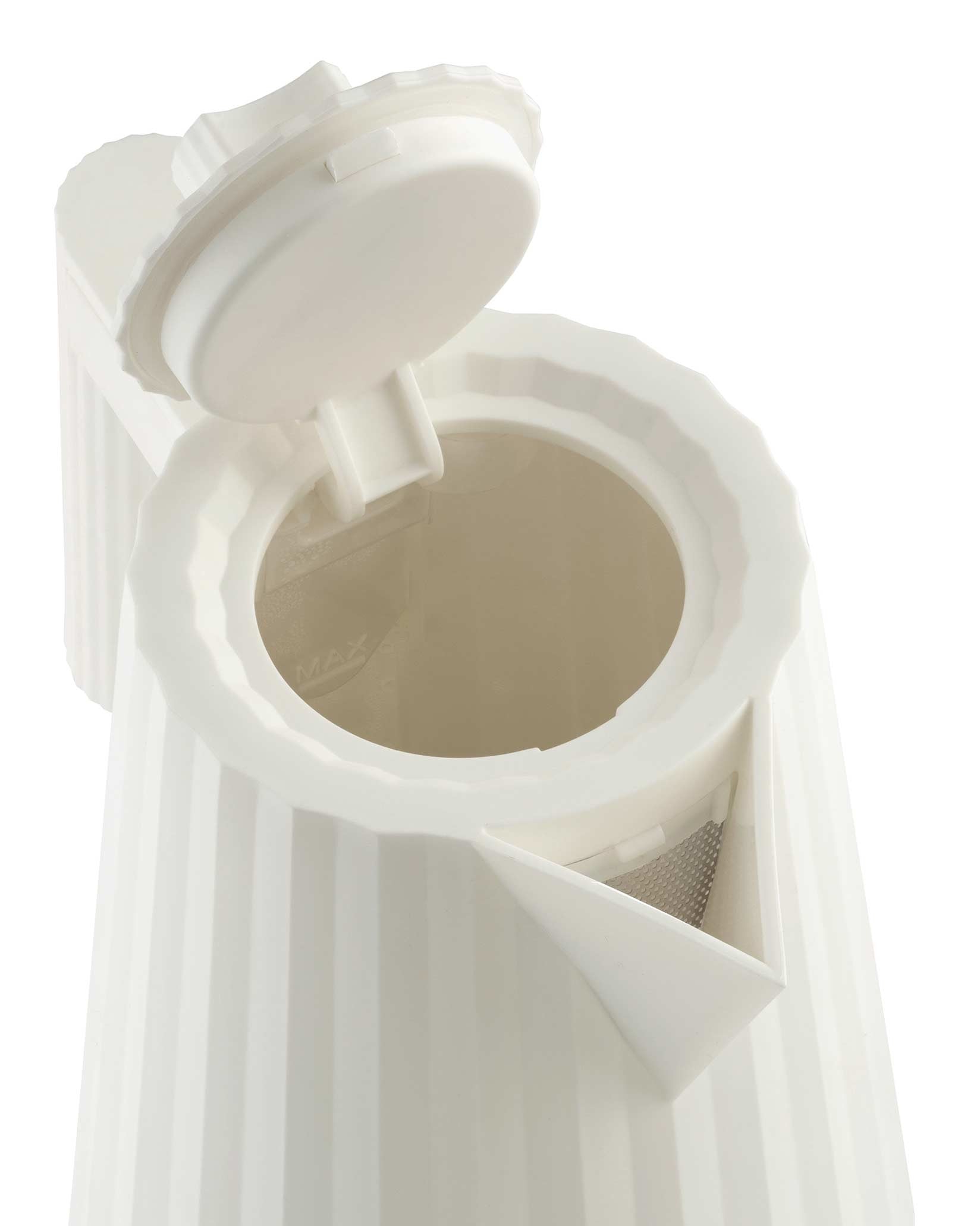 White pleated electric kettle by Alessi with open lid revealing interior and mesh filter.