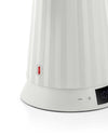 White pleated electric kettle by Alessi, with a red water indicator and digital temperature display showing 109.