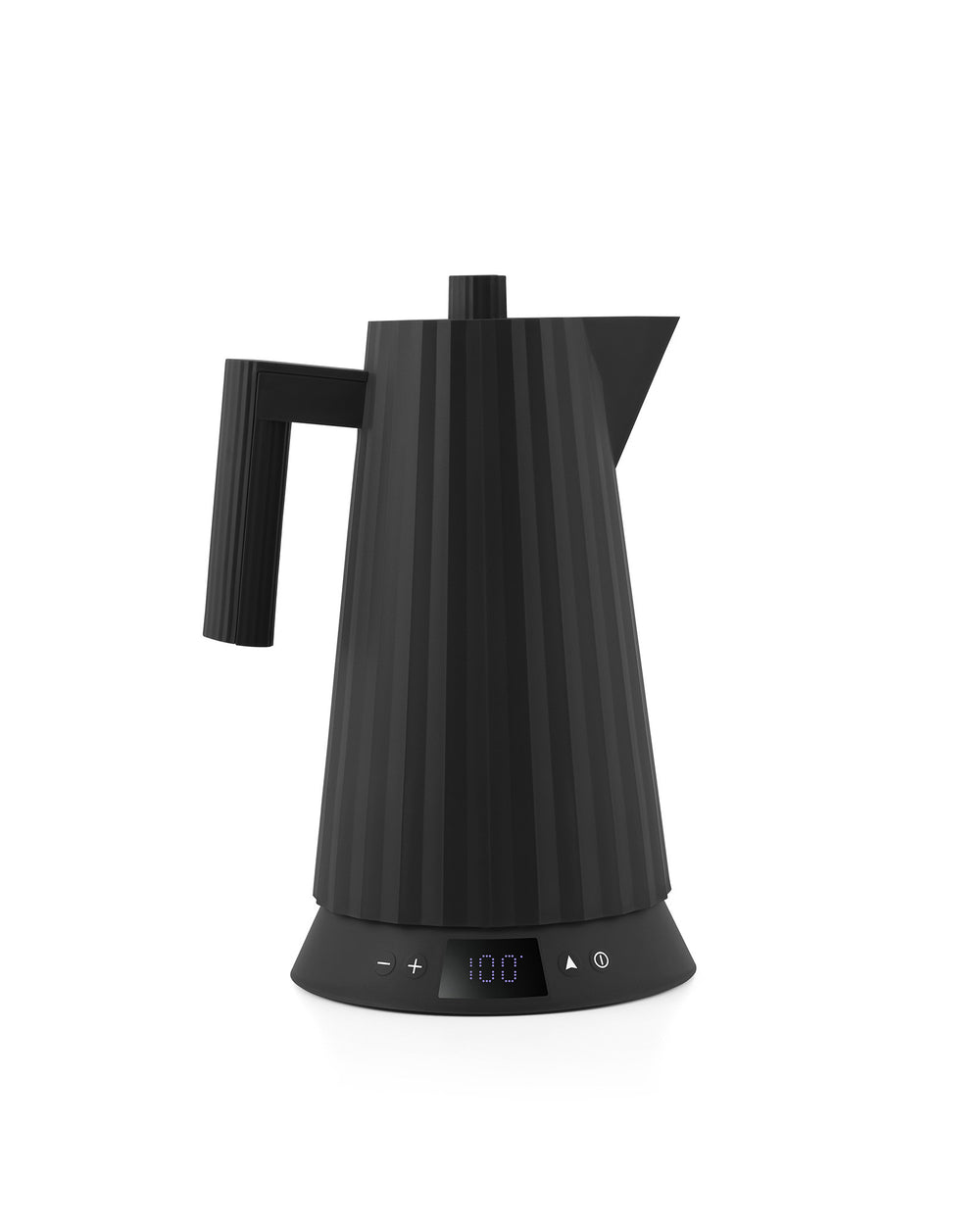 Black electric kettle by Alessi with a ribbed texture and digital temperature display showing 100°.