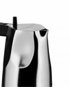 Silver metal moka pot by Alessi with a black handle and knob, "Francesco" engraved on the lid, cropped view.