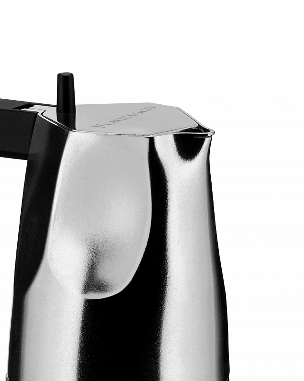 Silver metal moka pot by Alessi with a black handle and knob, "Francesco" engraved on the lid, cropped view.