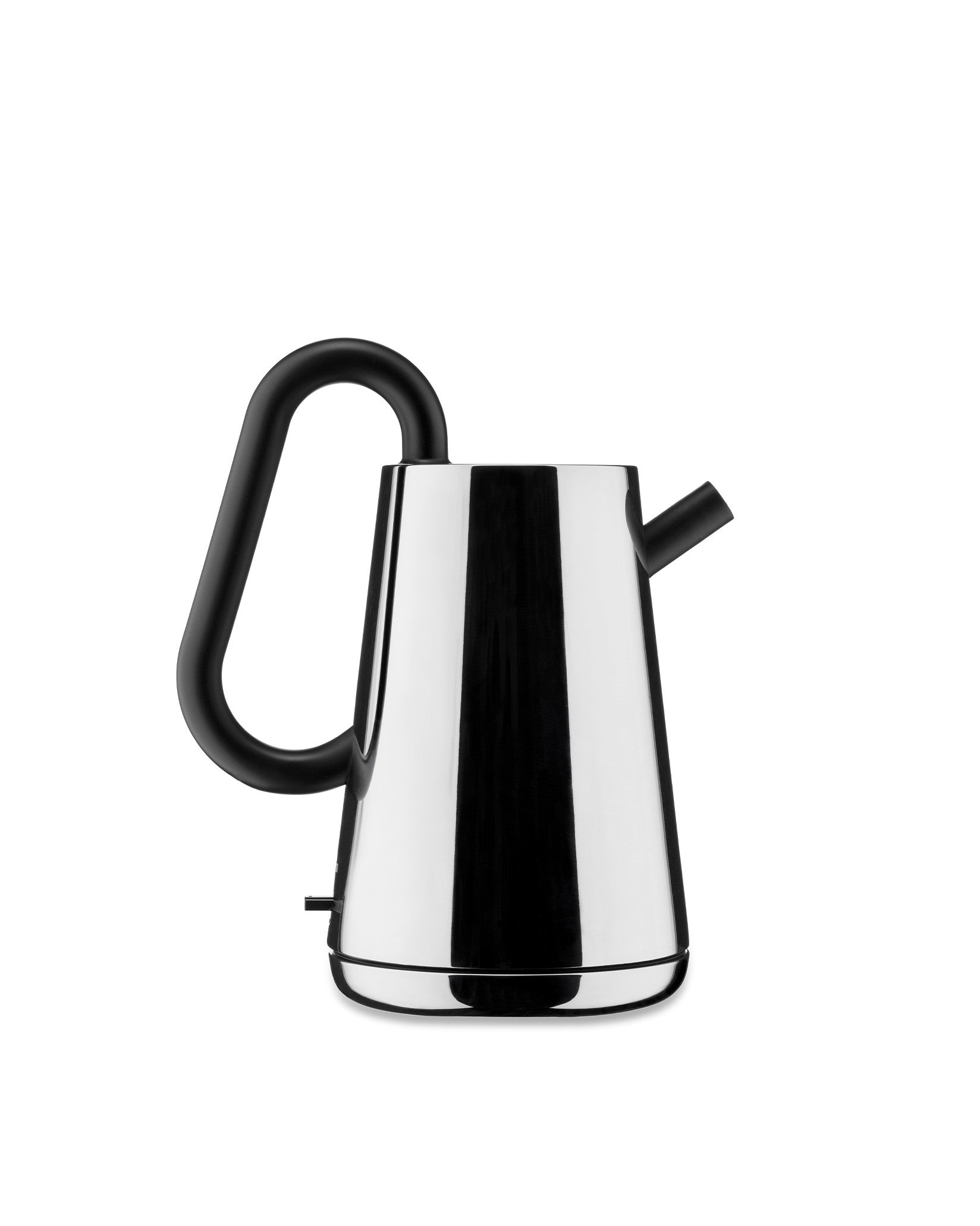 Chrome electric kettle by Alessi with a large black curved handle and spout on a white background.