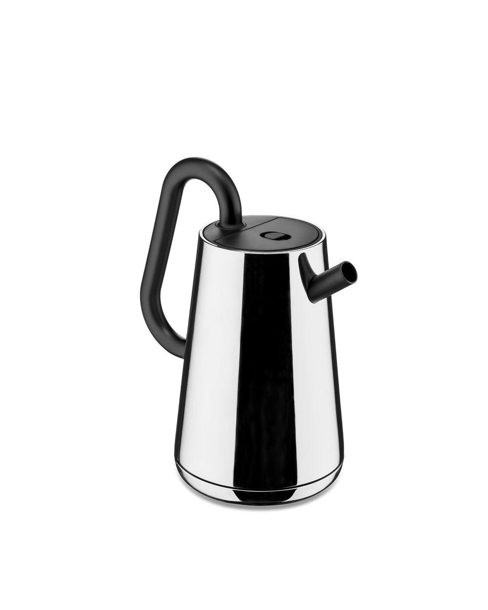 Chrome electric kettle with a black handle and spout by Alessi, featuring a sleek, conical design and black lid.
