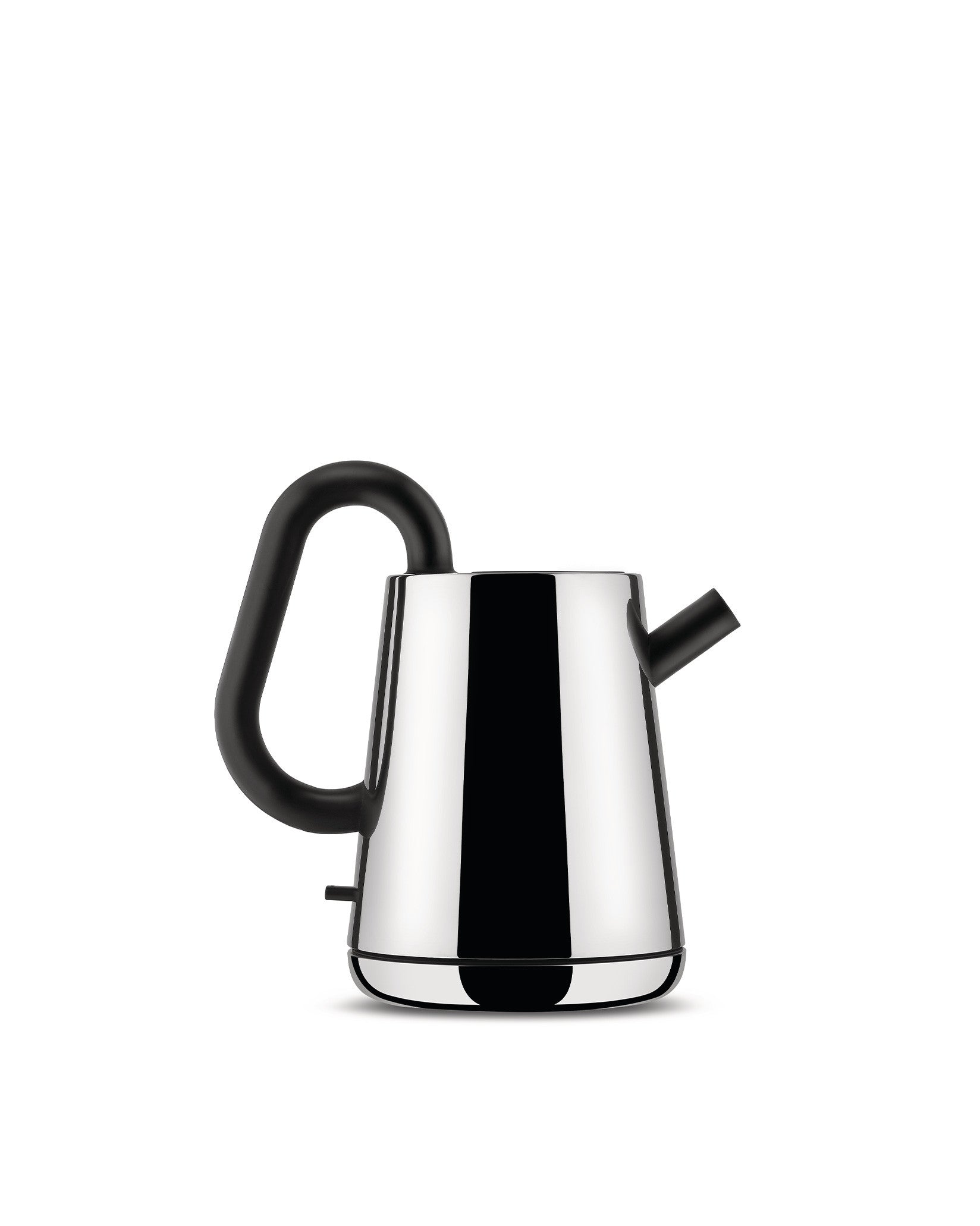Polished chrome electric kettle by Alessi with a curved black handle and short spout.