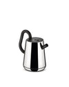 Silver and black electric kettle by Alessi with a curved handle and short spout on a white background.