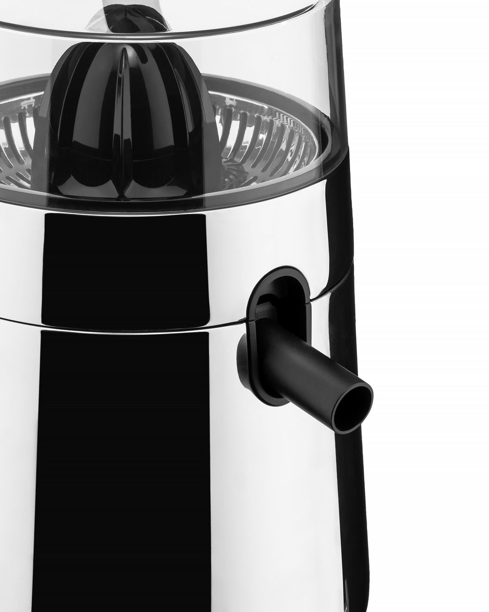 Black and chrome electric citrus juicer by Alessi, with a transparent lid, black reamer, and juice spout.