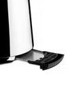 Silver toaster by Alessi with a pulled-out black plastic crumb tray.