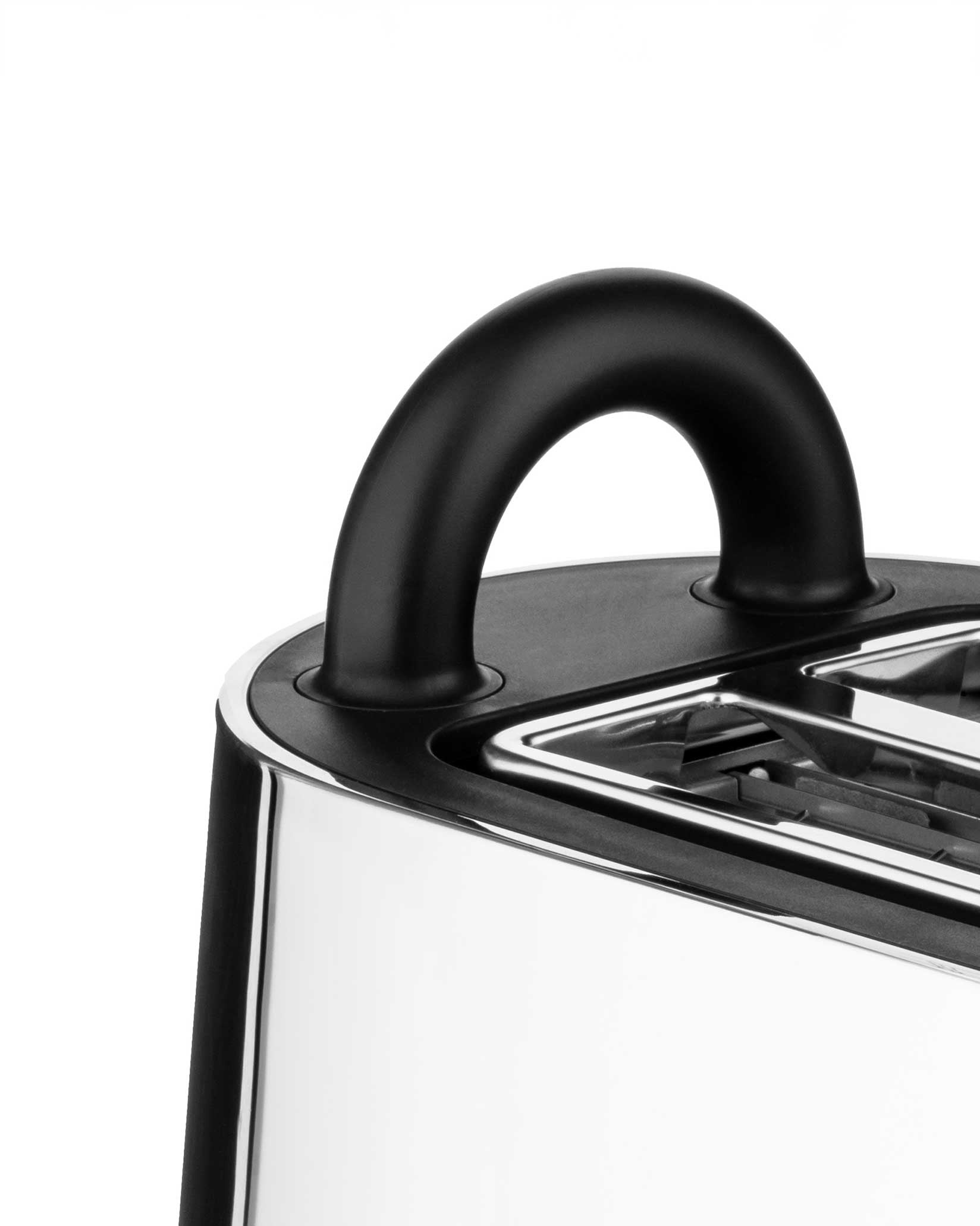 Silver chrome and black toaster by Alessi with an arched black handle and visible toast slots, close-up.