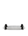 Chrome-plated metal toaster warming rack by Alessi, with black arched handles and horizontal grates.
