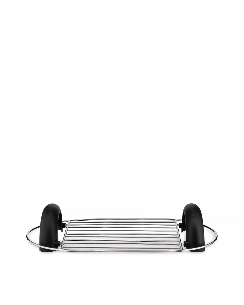 Chrome-plated metal toaster warming rack by Alessi, with black arched handles and horizontal grates.