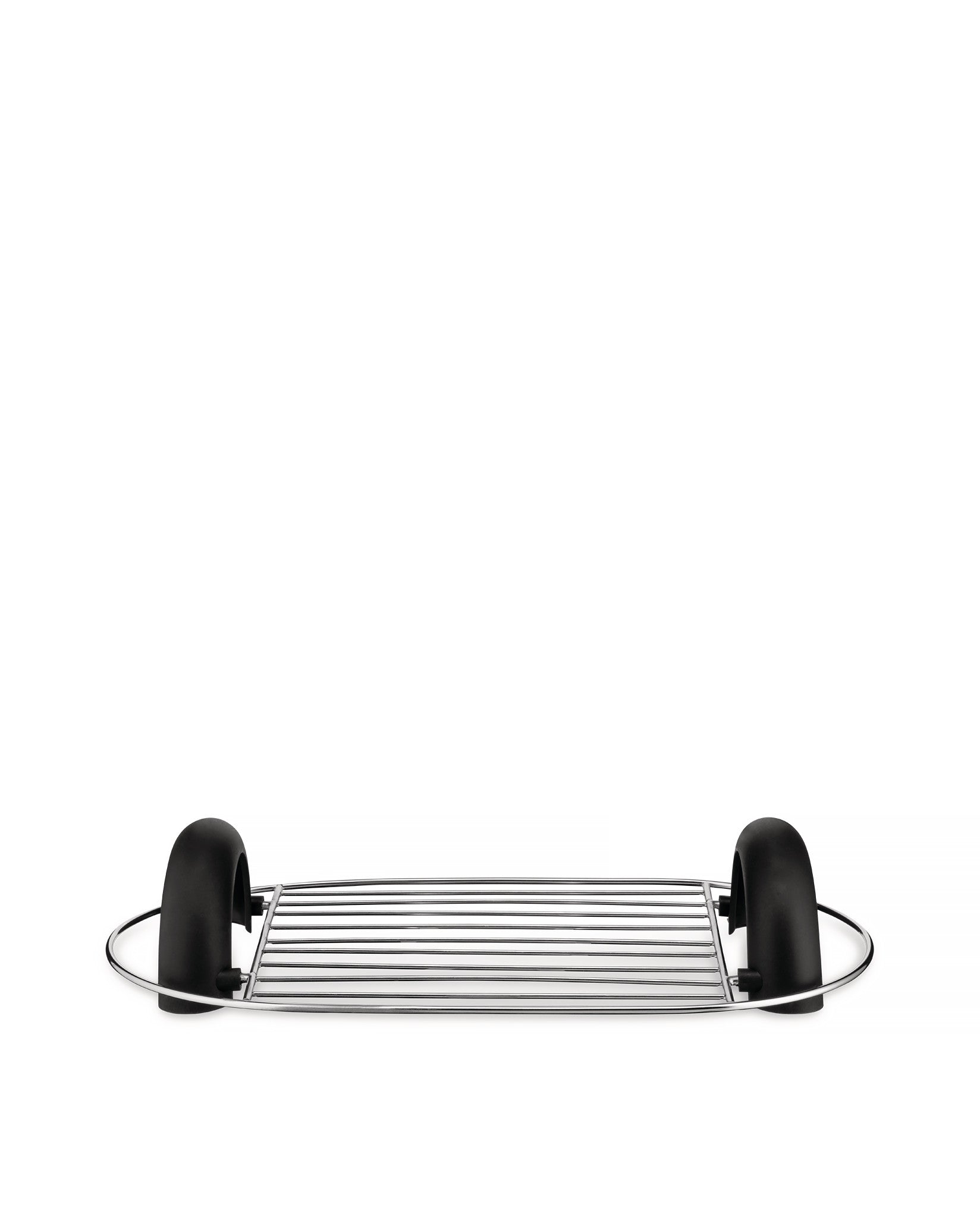 Chrome-plated metal toaster warming rack by Alessi, with black arched handles and horizontal grates.
