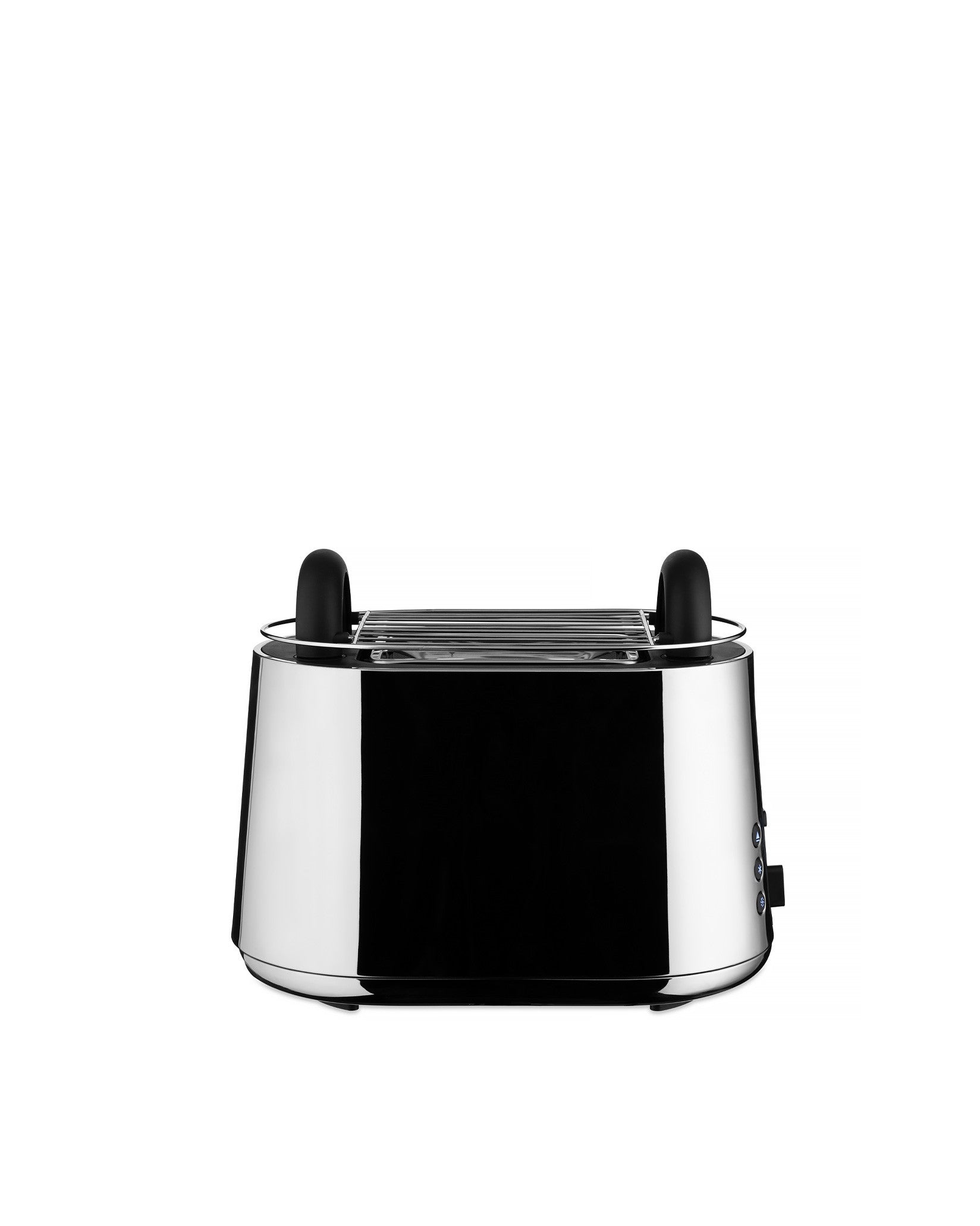 Sleek chrome-plated toaster with black reflective panels by Alessi, featuring a horizontal design, warming rack with black handles, and side controls.