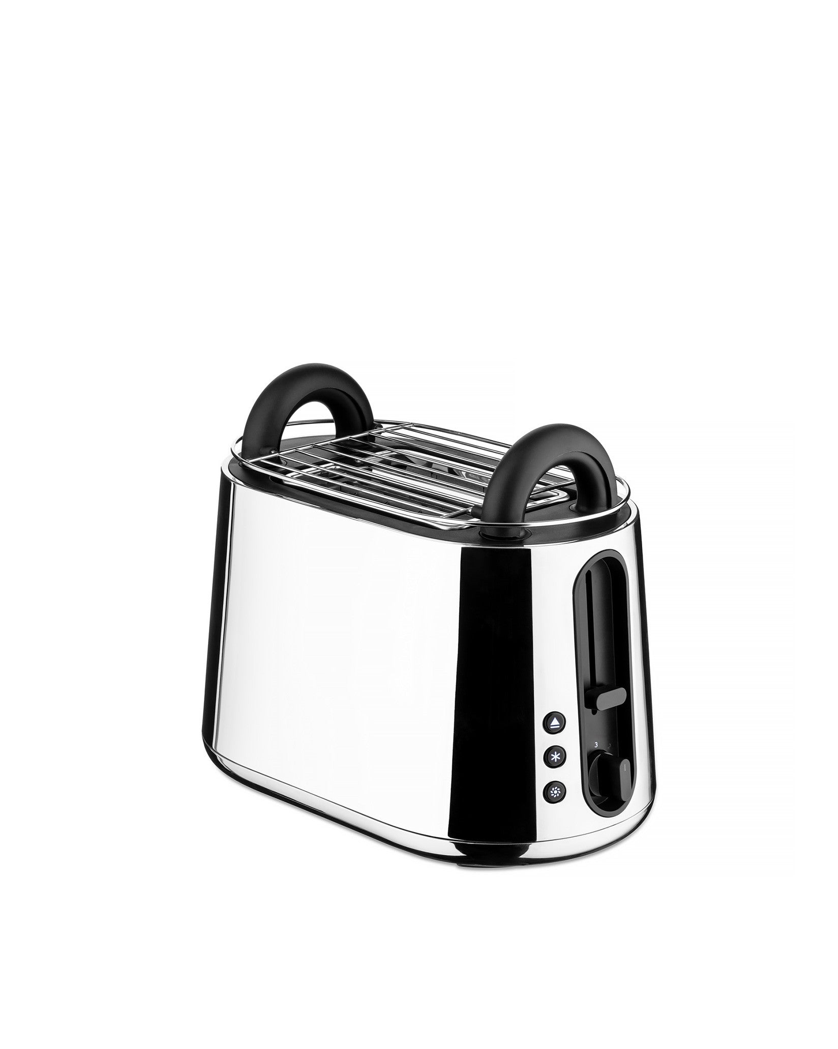 Chrome toaster by Alessi with black curved handles, warming rack, and side controls.