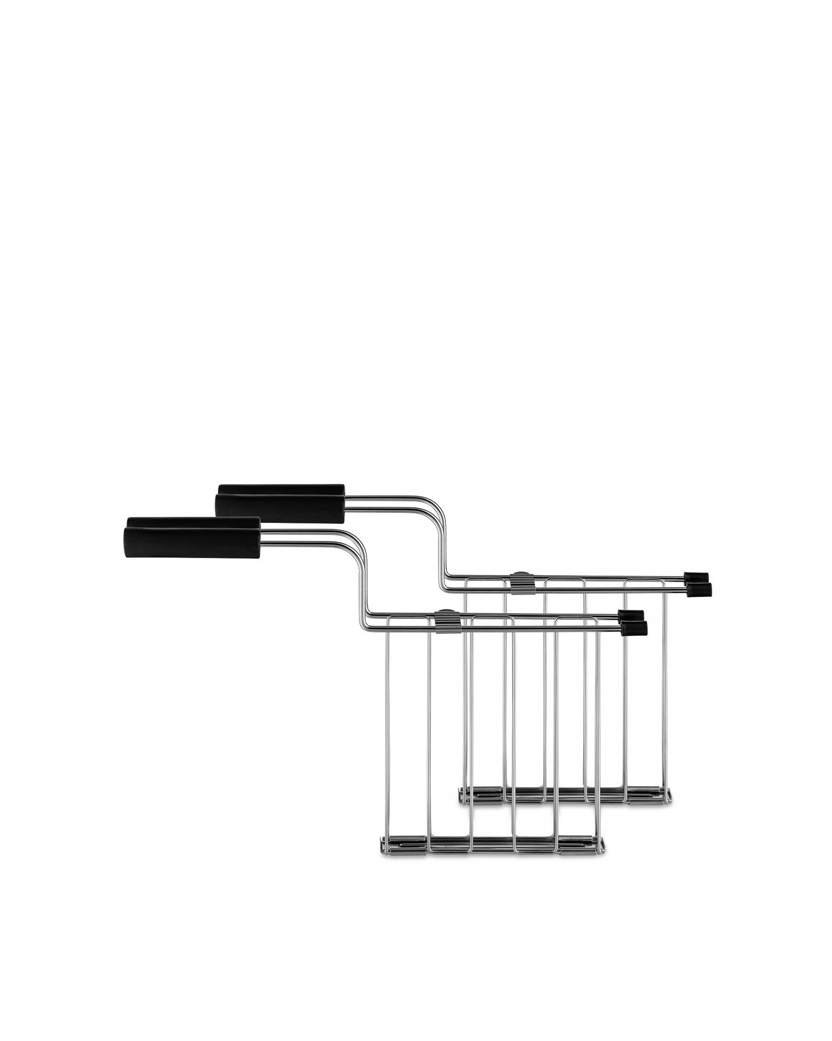 Two chrome-plated toaster racks by Alessi with black handles, sleek and modern.