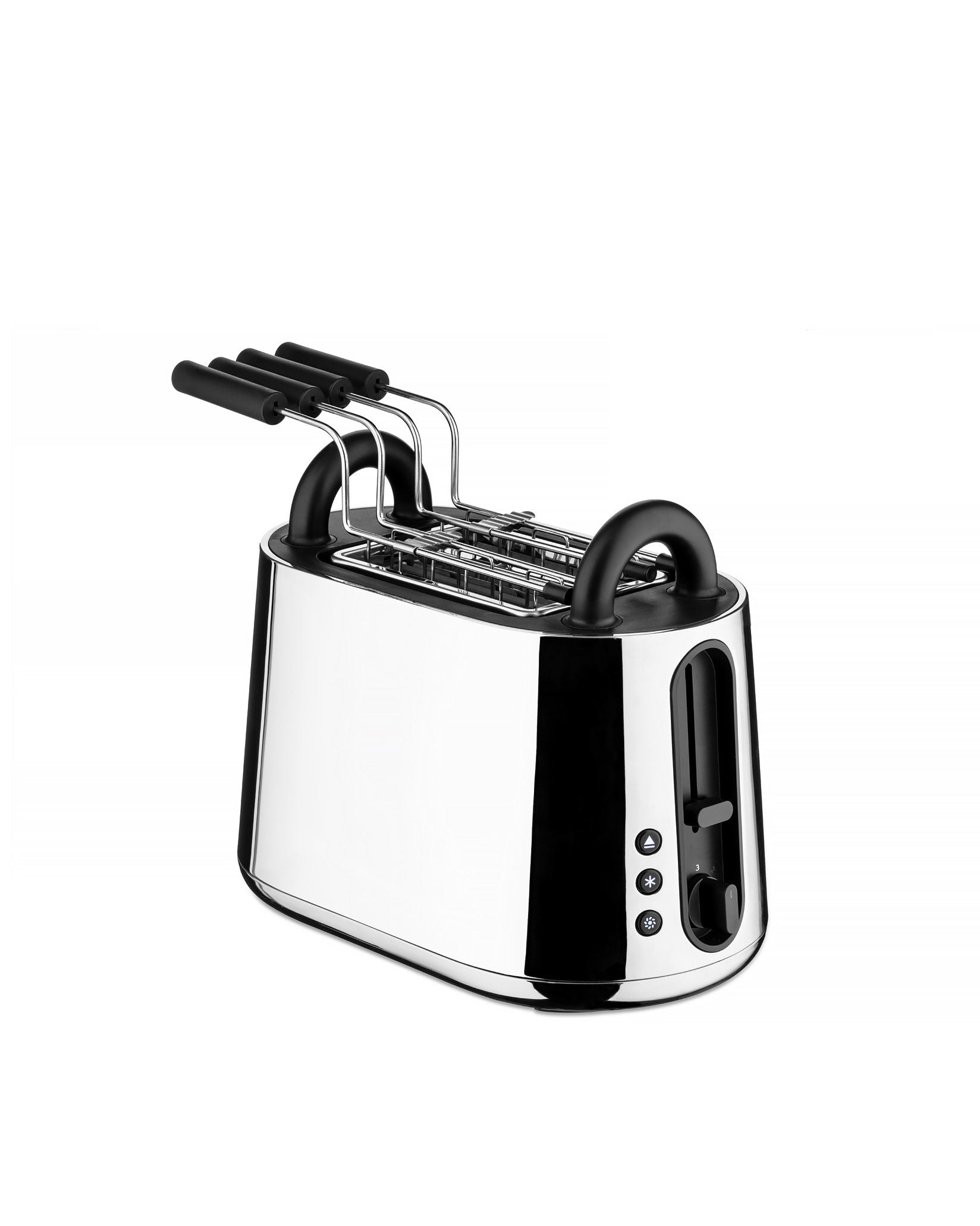 Chrome 4-slice toaster by Alessi, with black accents, four bread tongs, and control dial.