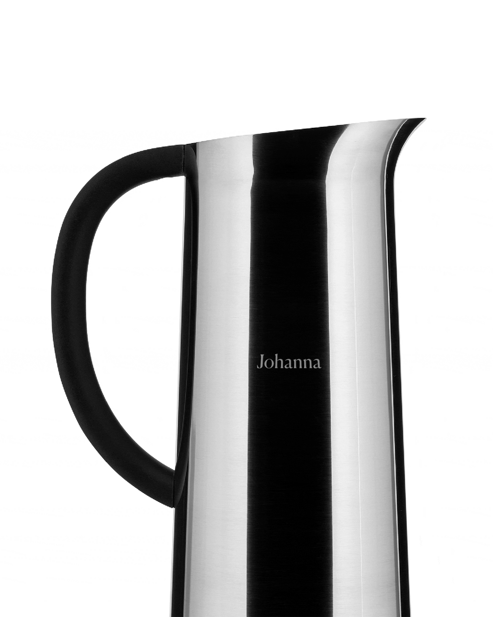 Stainless steel pitcher with black handle by Alessi, featuring a reflective surface and "Johanna" engraving.